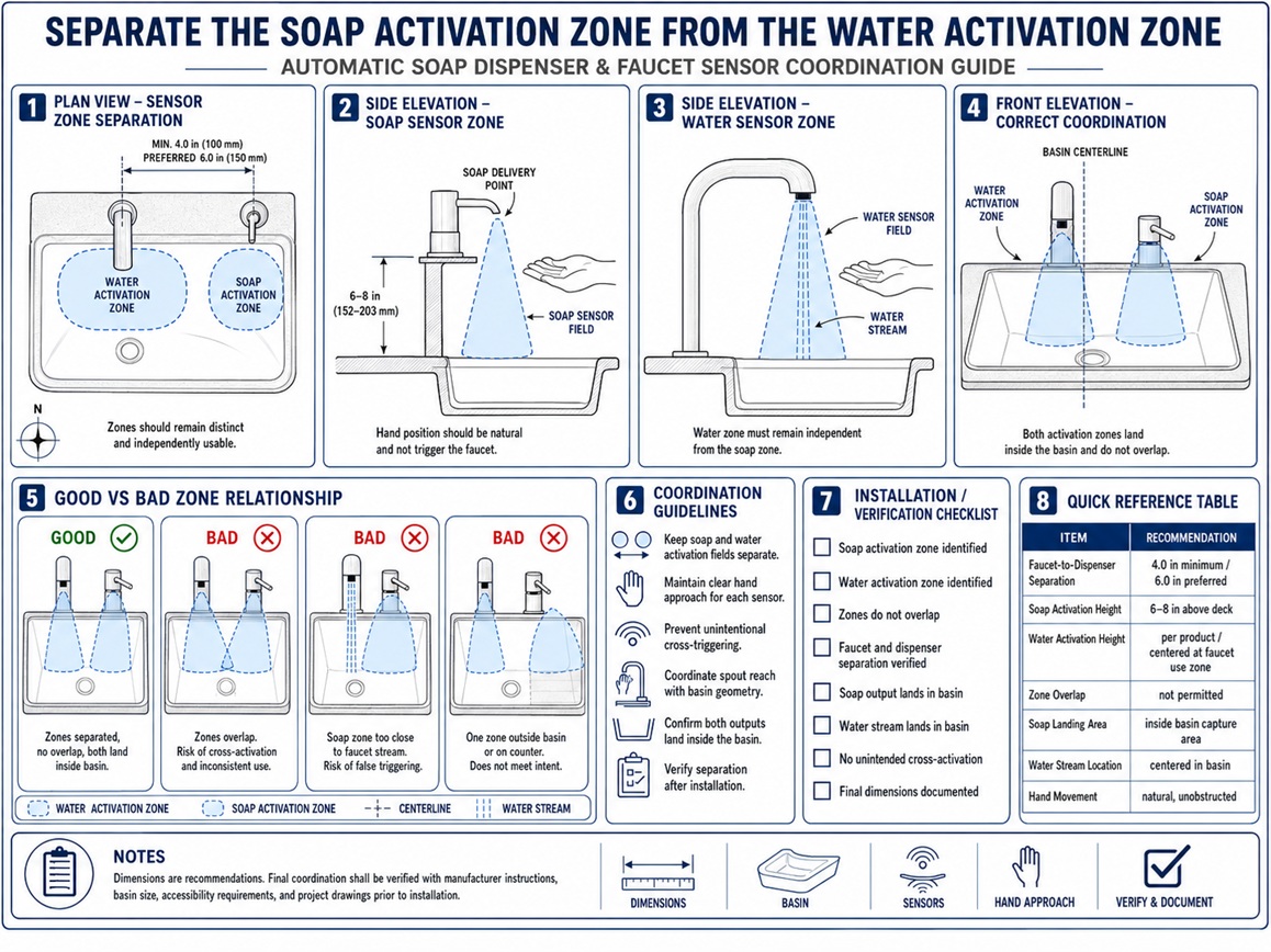 Touchless faucet and automatic soap dispenser coordinated with separate sensor zones above a commercial basin