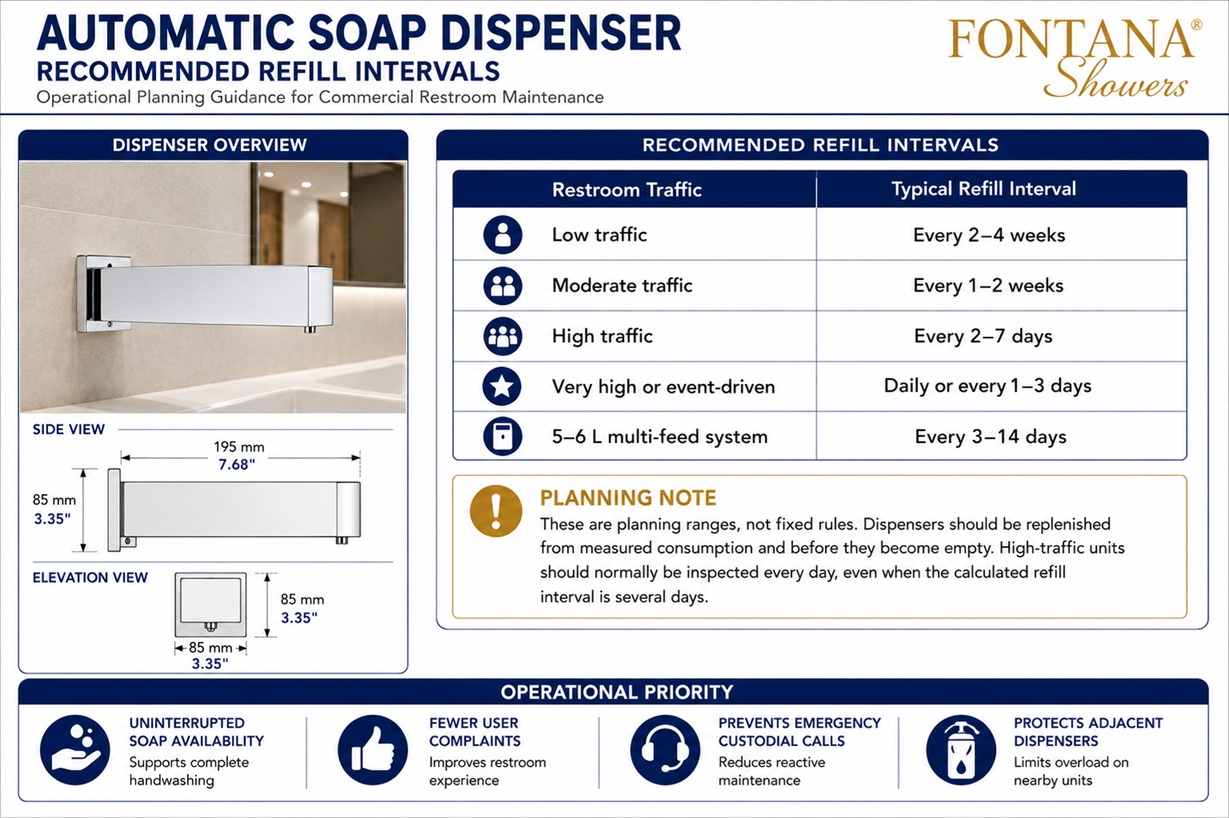 Commercial automatic soap dispenser refill interval planning for high-traffic restrooms