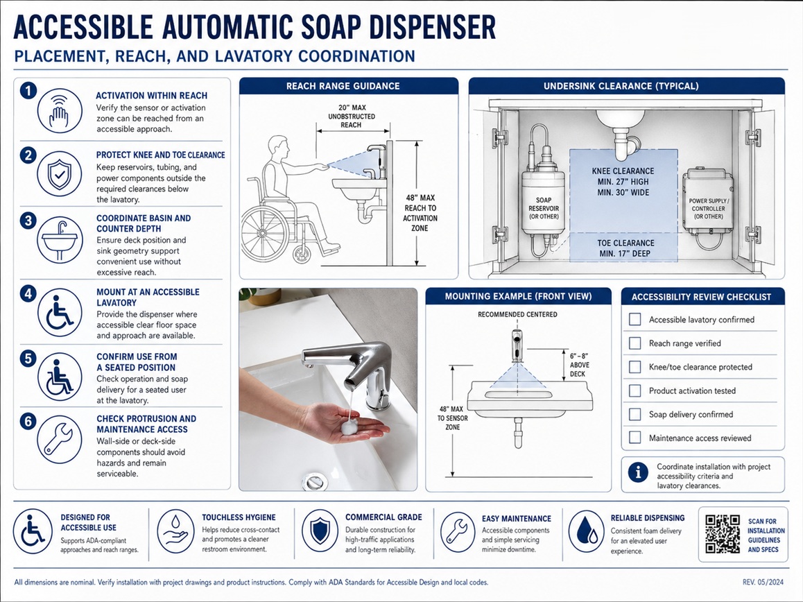 Accessible commercial lavatory with an automatic soap dispenser positioned within reach of a wheelchair user