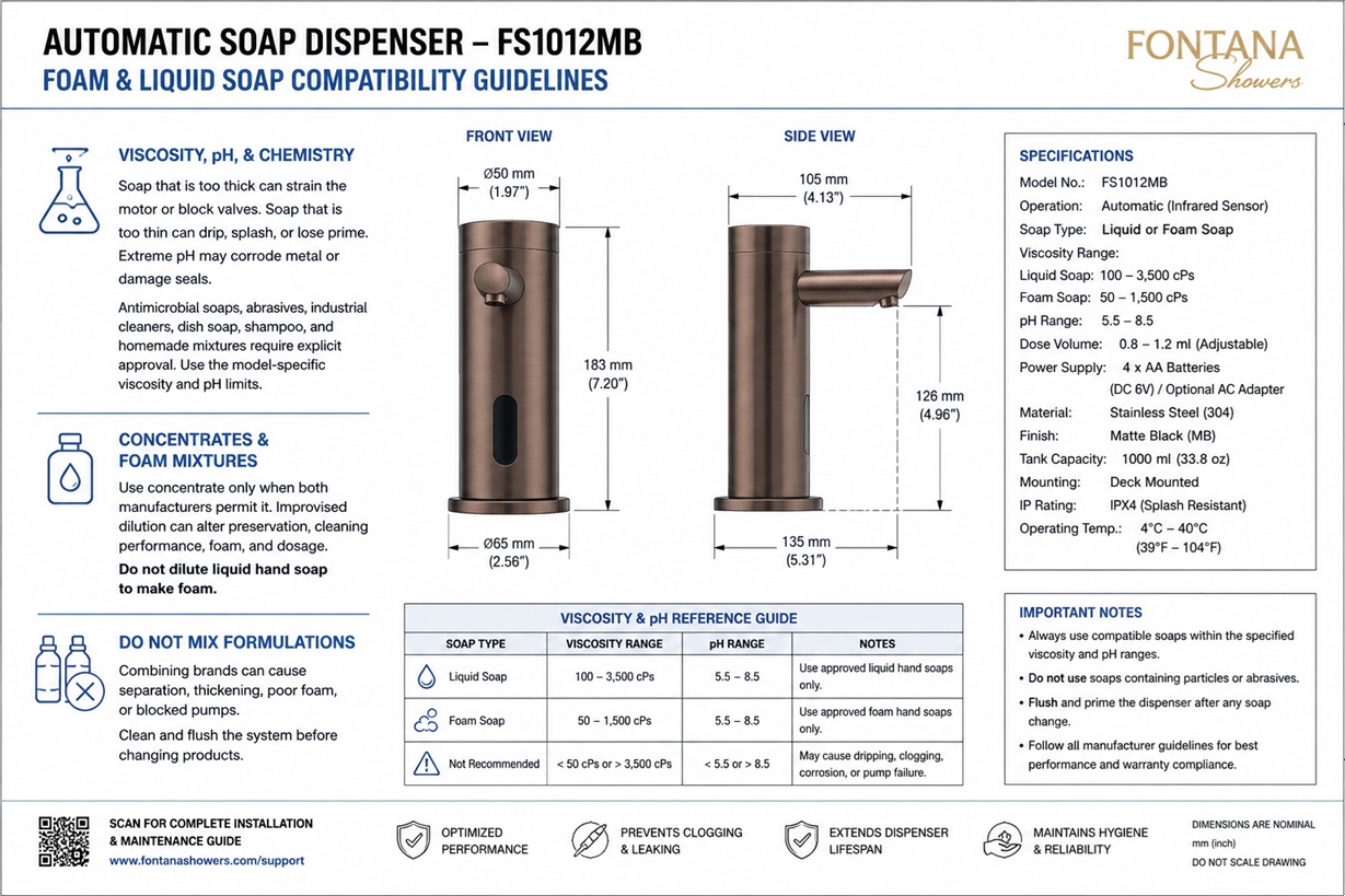 Automatic soap dispenser specification procedure for approved liquid foam gel and sanitizer products