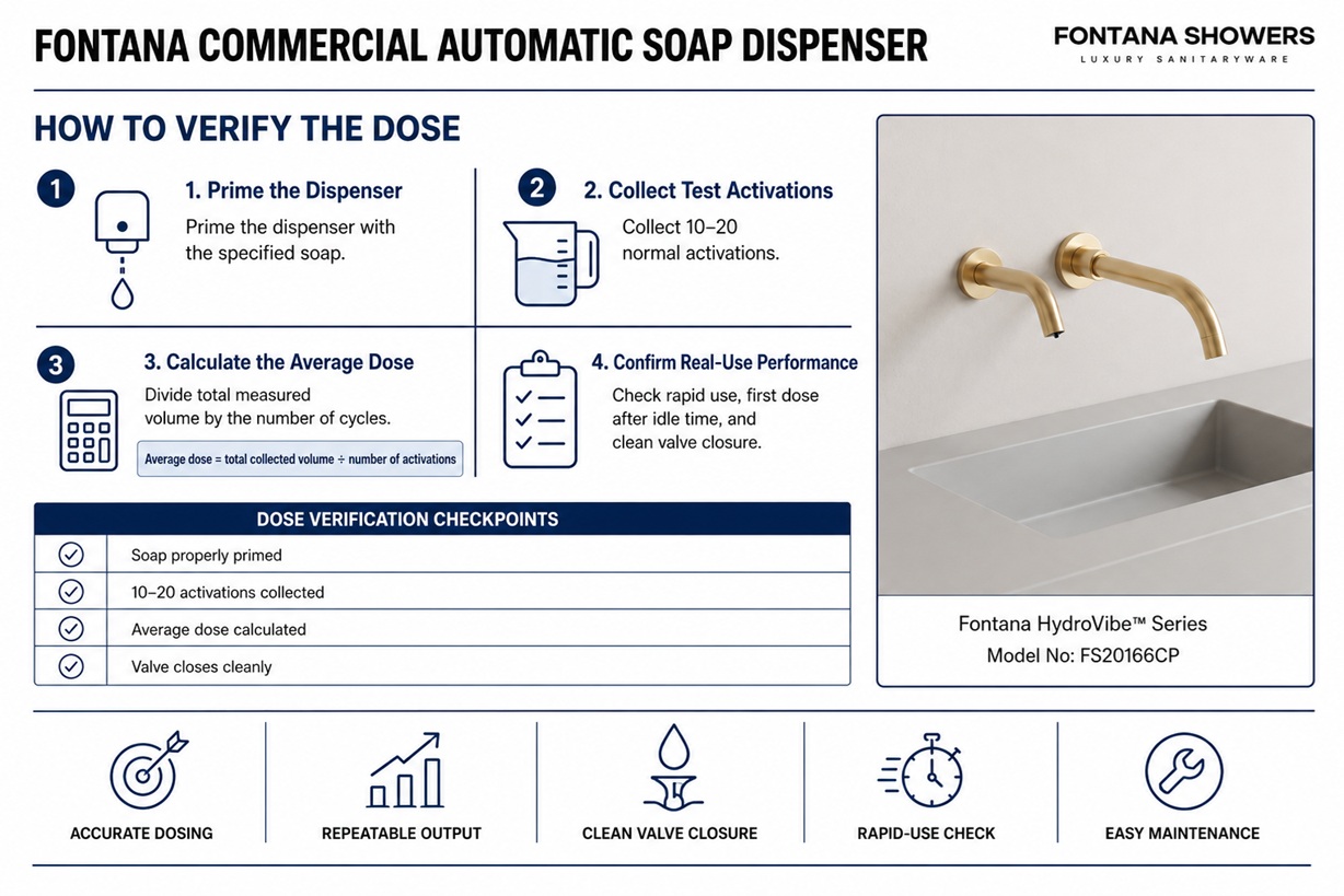 Testing automatic soap dispenser dose accuracy with measured activations, reservoir output, and repeatability checks.
