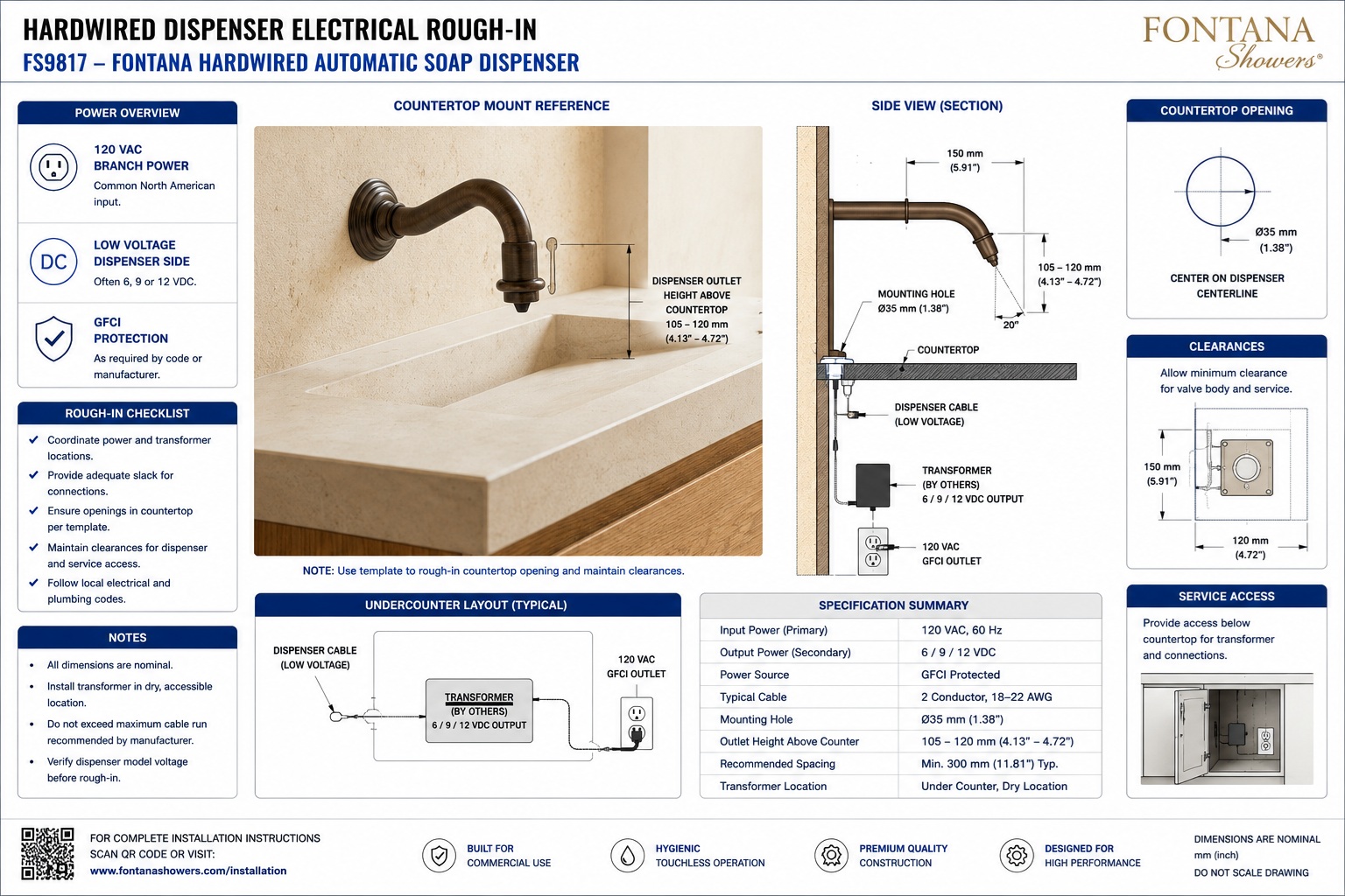 Hardwired commercial automatic soap dispenser electrical rough-in showing transformer, low-voltage wiring, and undercounter coordination.