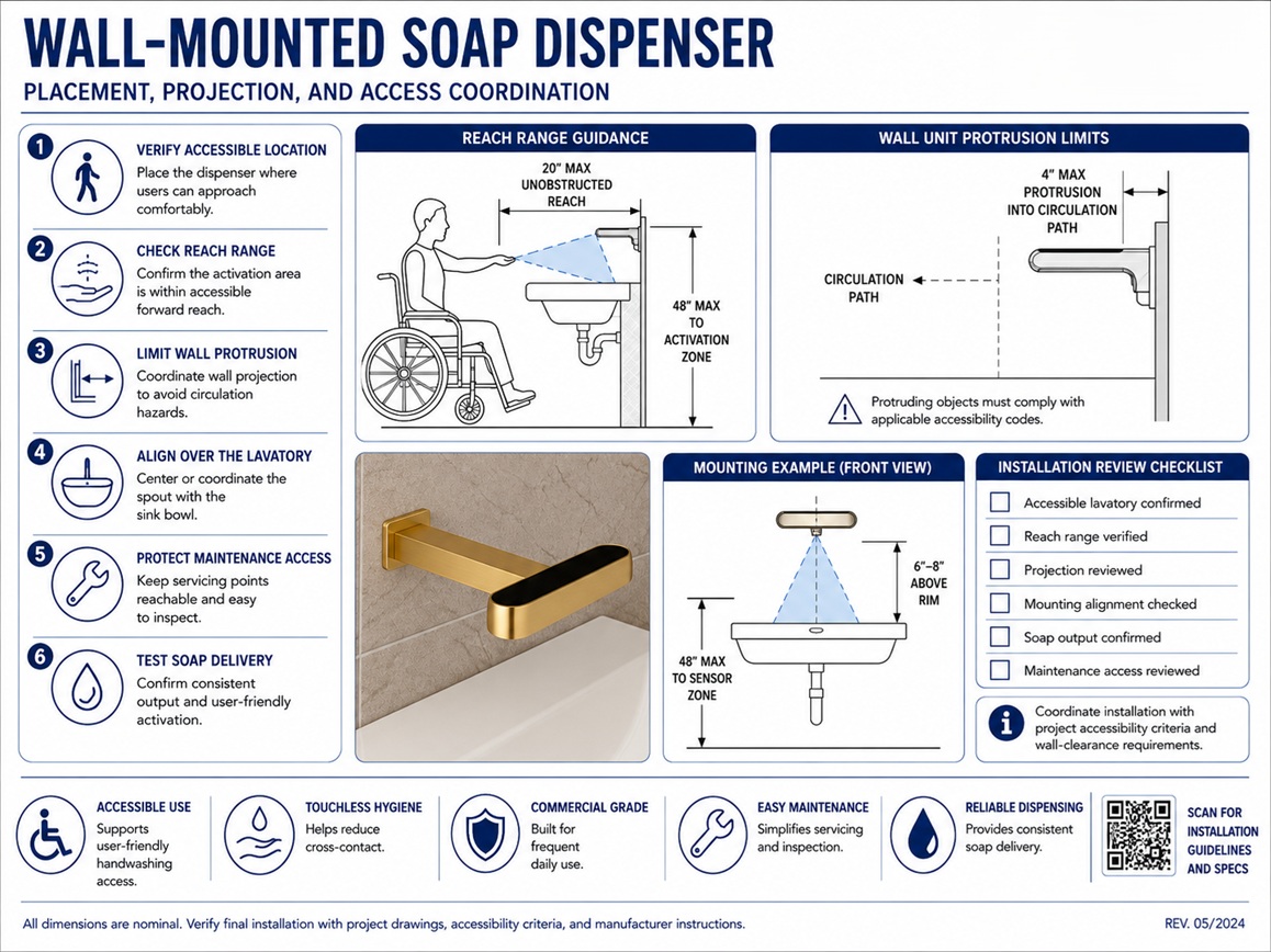 Wall-mounted automatic soap dispenser coordinated beside an accessible commercial lavatory