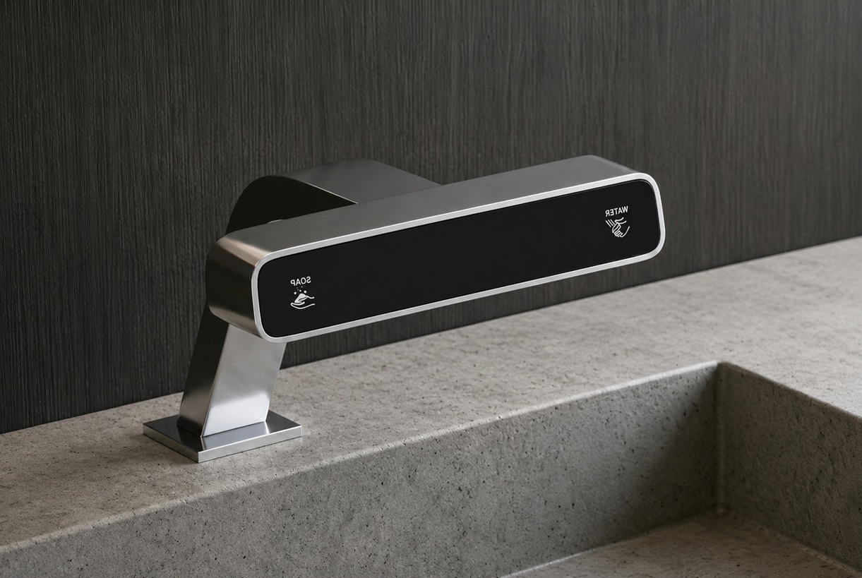 Commercial automatic soap dispenser installed above a high-traffic restroom washbasin