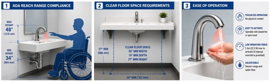 ADA compliant infrared commercial touchless faucet accessibility technical diagram