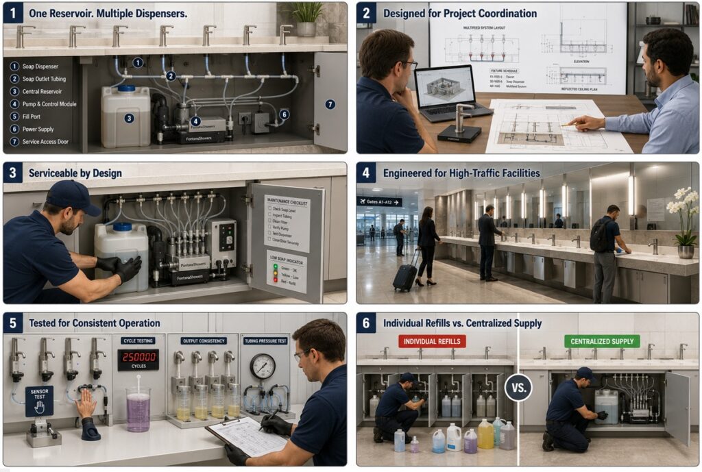Fontana MultiFeed automatic soap dispenser centralized bulk soap system for commercial restroom procurement