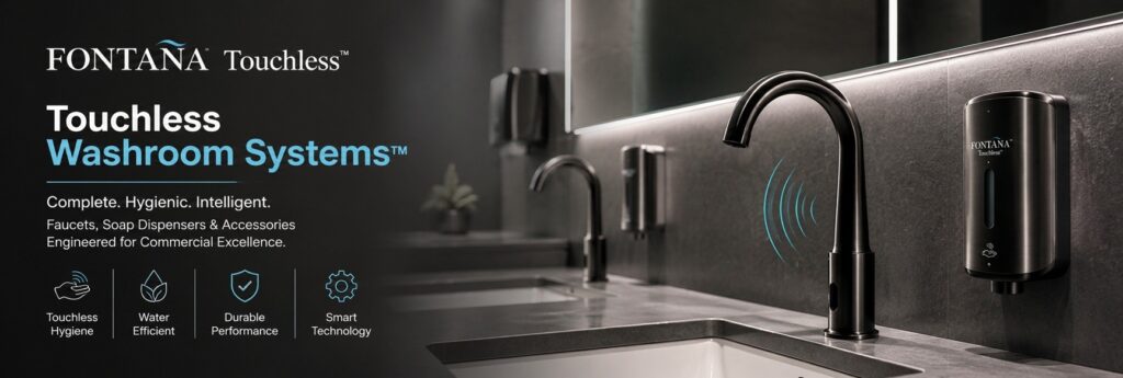 Rugged commercial touchless faucet and automatic soap dispenser systems for institutional restroom sizing