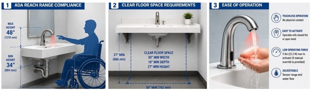Commercial touchless fixture technical diagram for automatic soap dispenser commissioning and dose specification