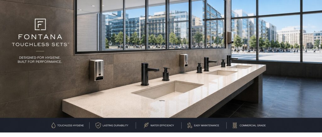 Commercial touchless faucet sets coordinated with automatic soap dispenser positions