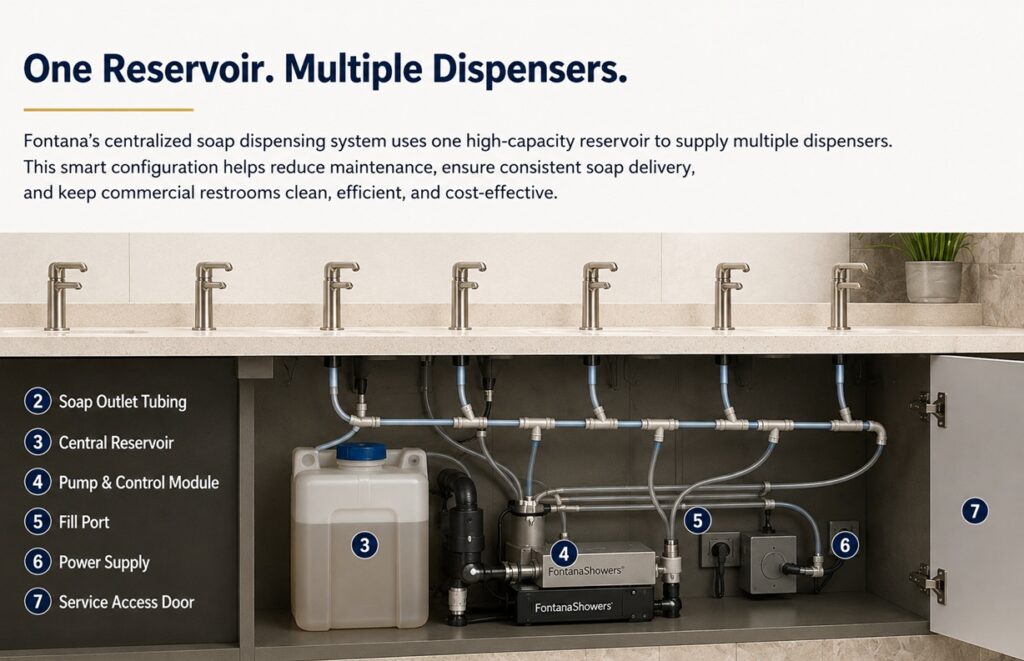 Central soap reservoir serving multiple stadium restroom dispensers
