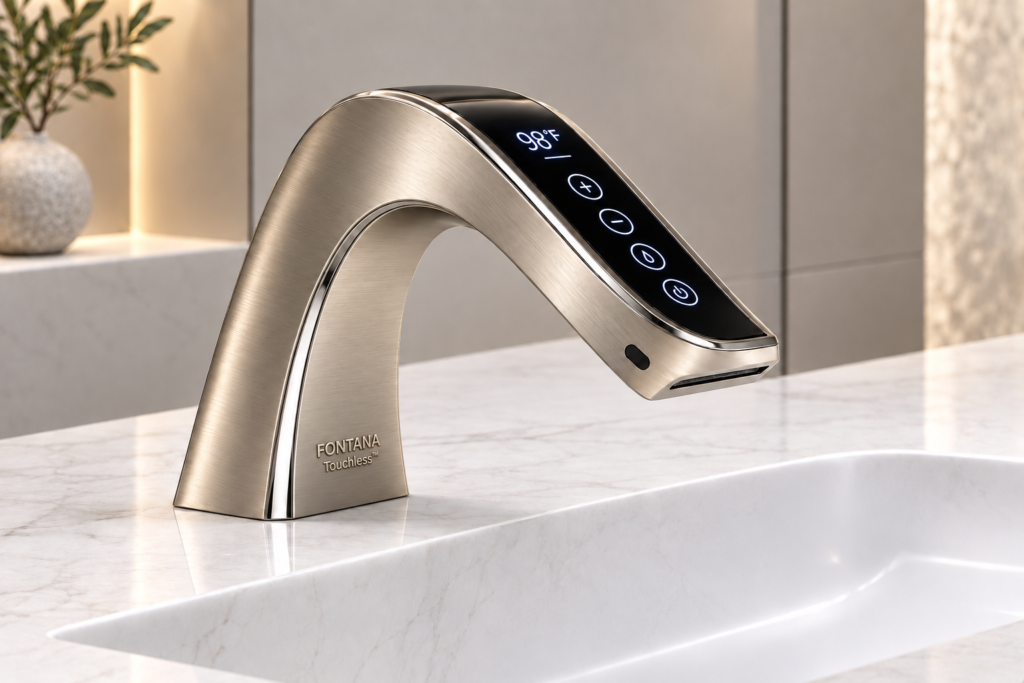 Architectural brushed nickel smart digital touchless faucet showing integrated display and commercial form