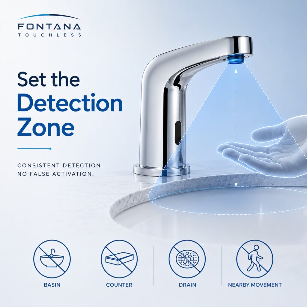 Touchless faucet detection zone affecting stadium handwashing station time