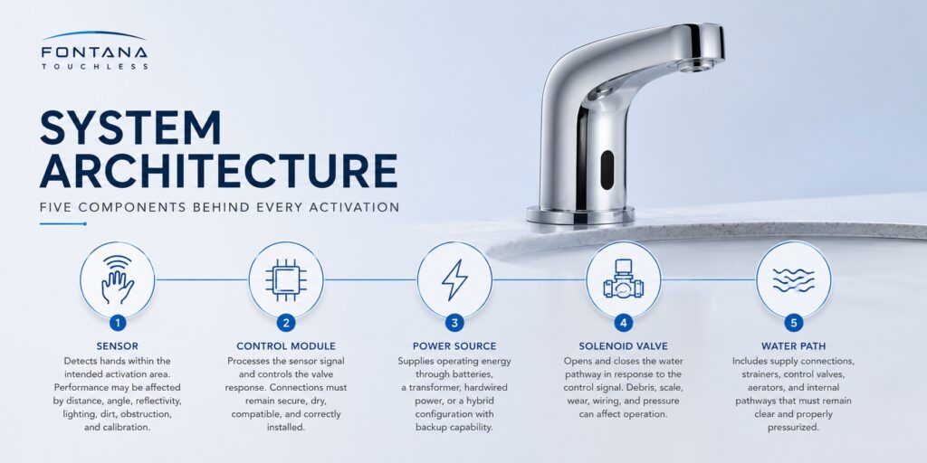Touchless faucet architecture for stadium water and power concurrency planning