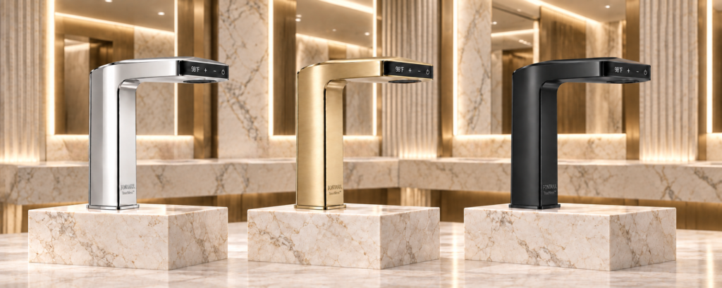 Fontana smart digital touchless faucets shown across principal architectural finishes