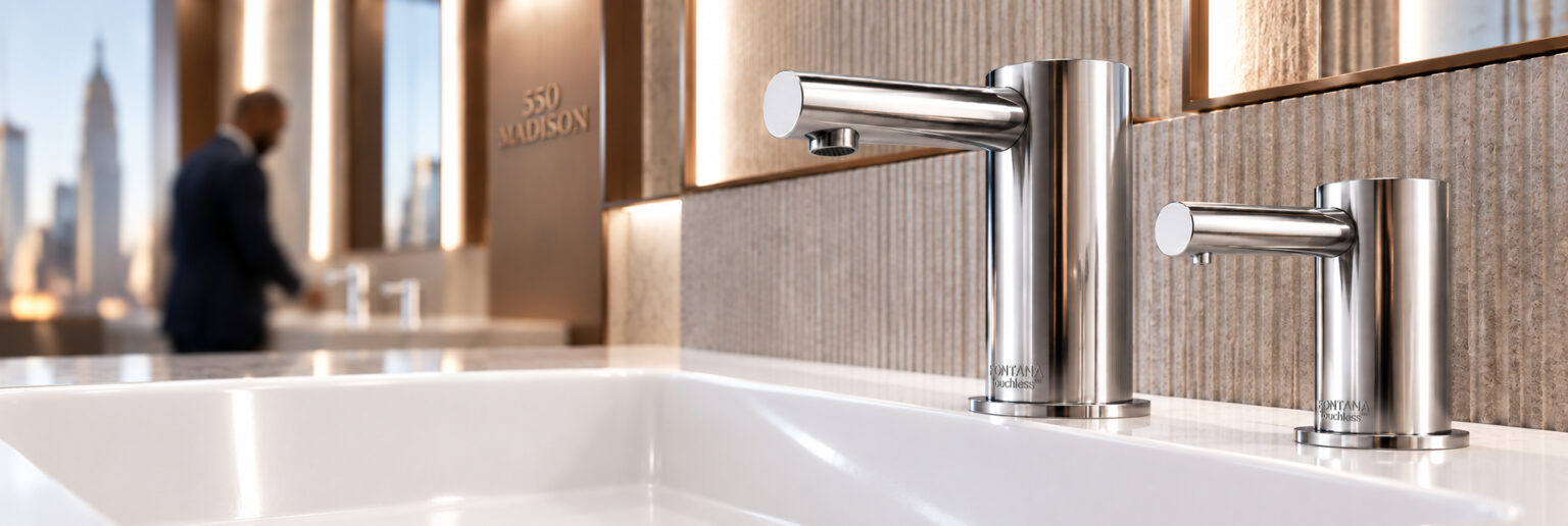 Fontana chrome commercial touchless faucet collection illustrating reflective metal surfaces around restroom sinks