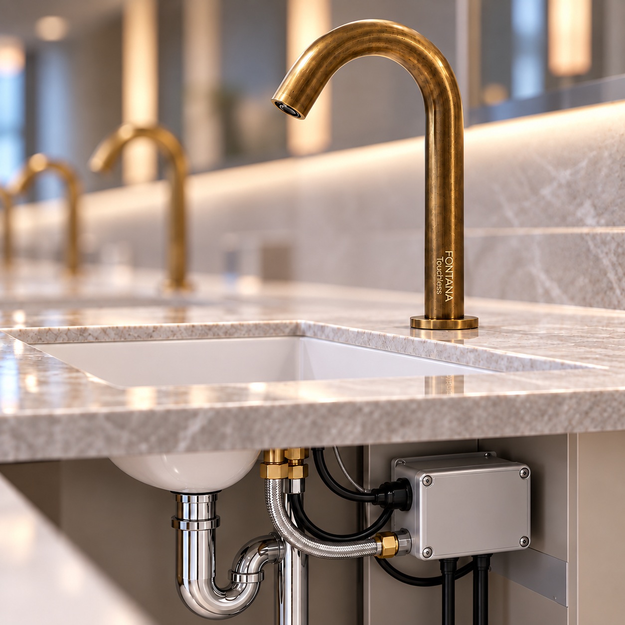 Modern commercial restroom with chrome touchless faucets at a multi-station washbasin
