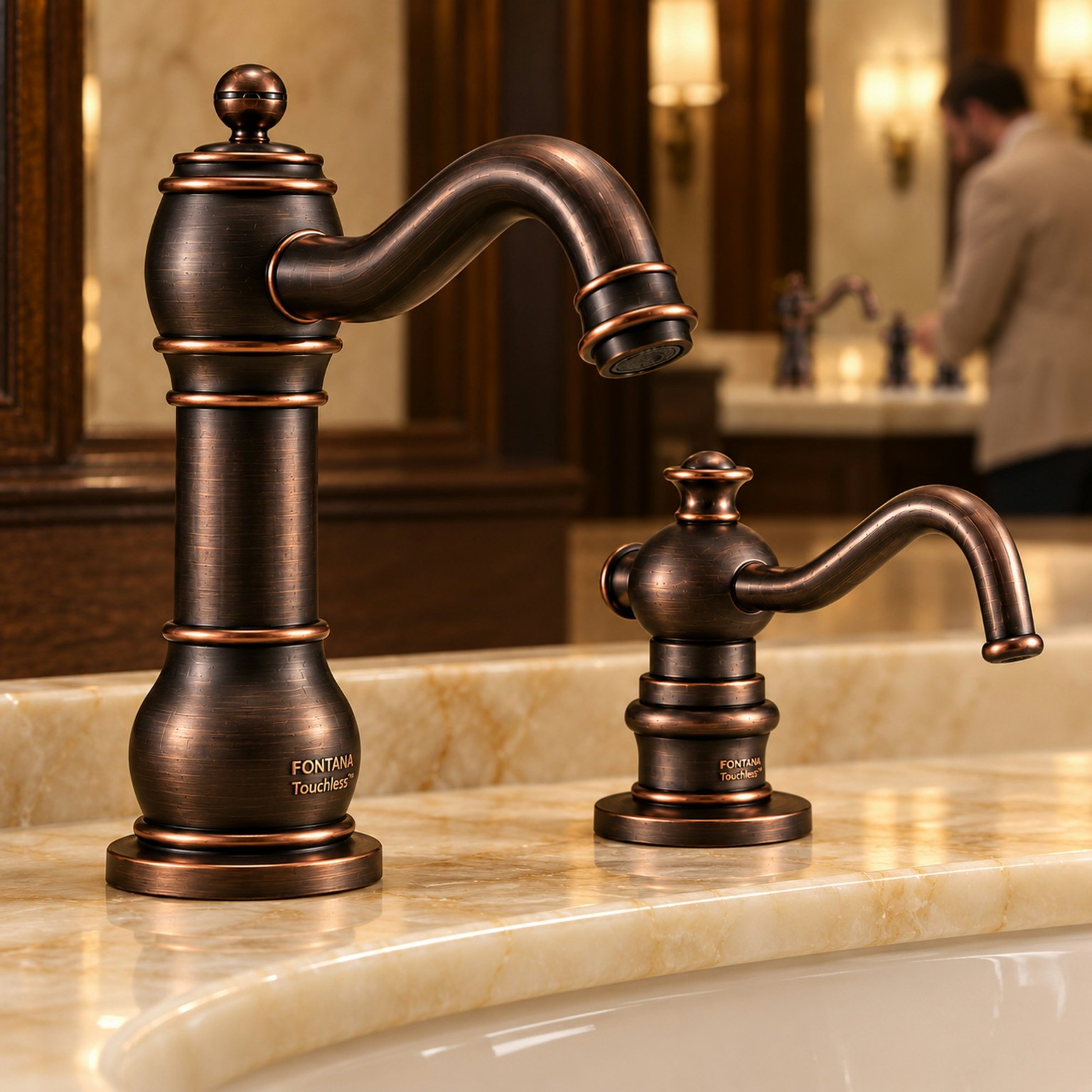 Chrome touchless faucets installed along a modern commercial restroom trough sink