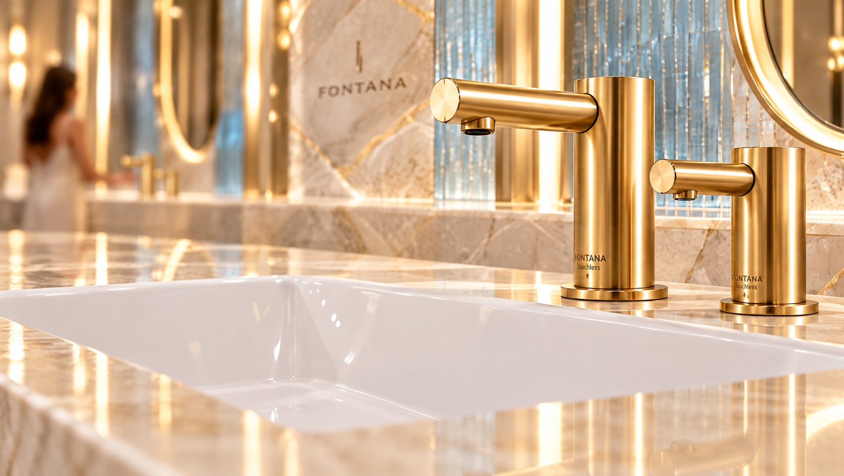Contemporary commercial restroom with touchless black faucets and individual stone counters